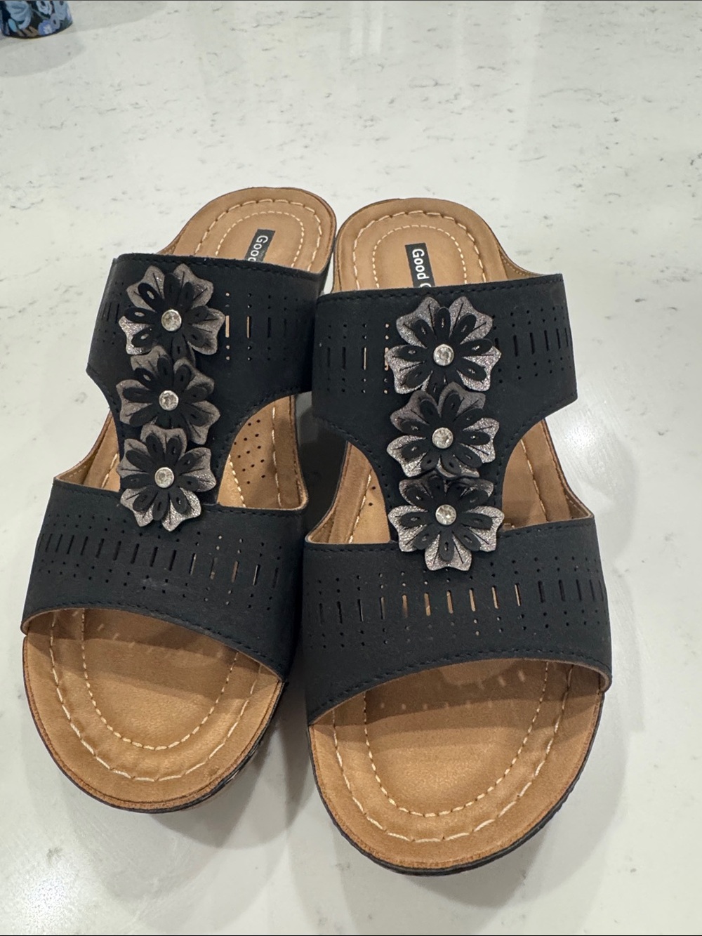 Good Choice Black Slide Sandals with Floral Accent